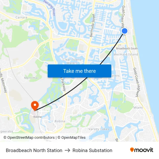 Broadbeach North Station to Robina Substation map