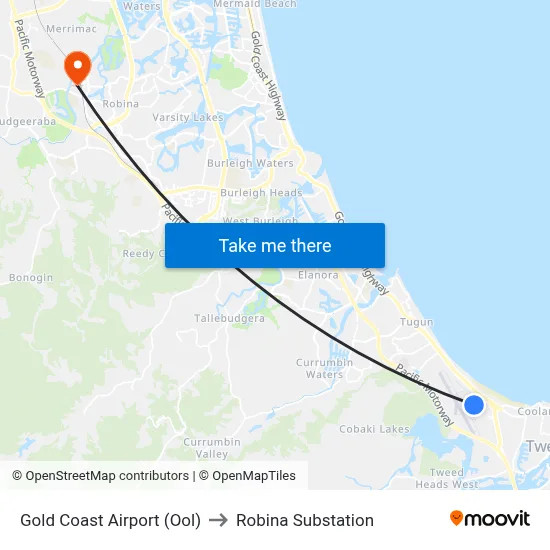 Gold Coast Airport (Ool) to Robina Substation map