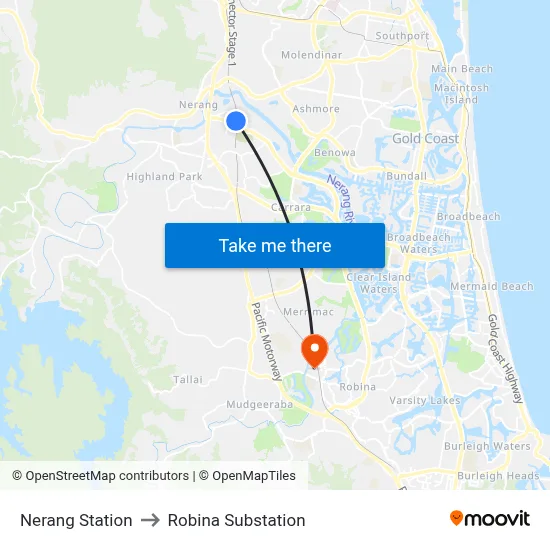 Nerang Station to Robina Substation map