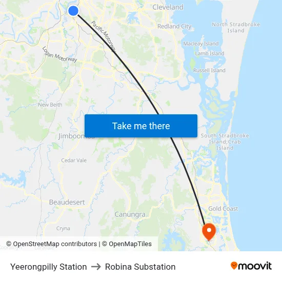 Yeerongpilly Station to Robina Substation map