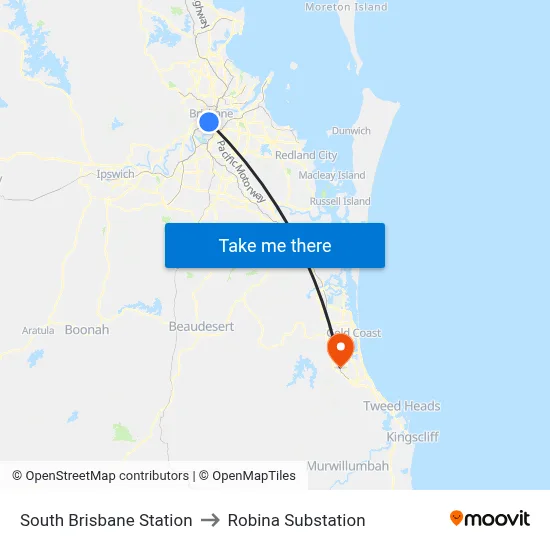 South Brisbane Station to Robina Substation map