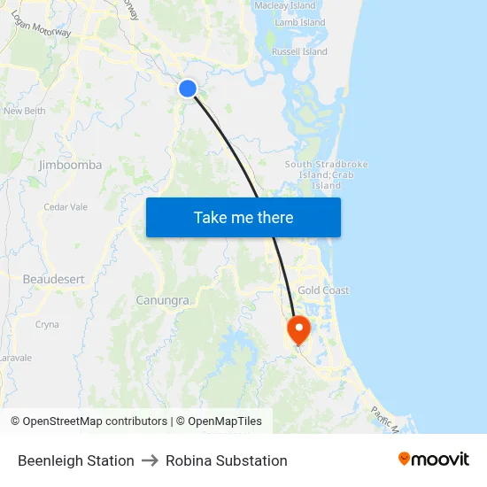 Beenleigh Station to Robina Substation map