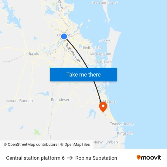 Central station platform 6 to Robina Substation map