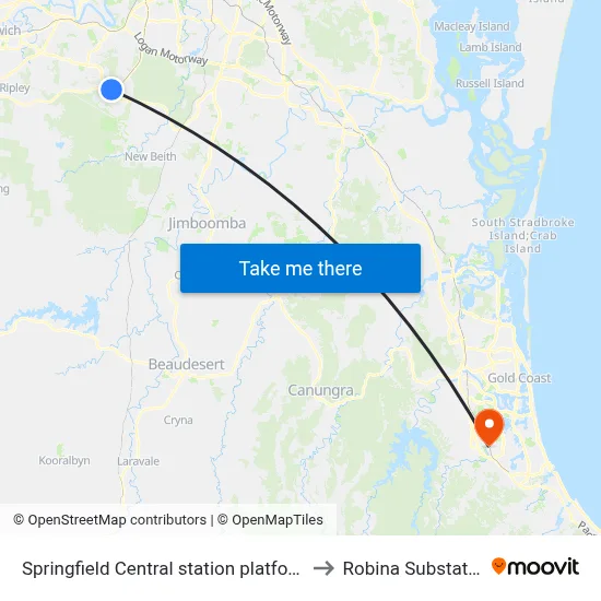 Springfield Central station platform 1 to Robina Substation map