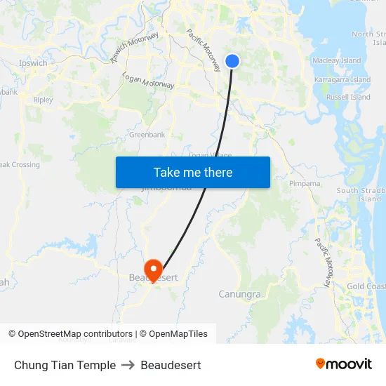 Chung Tian Temple to Beaudesert map