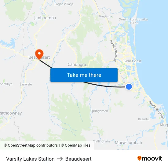Varsity Lakes Station to Beaudesert map