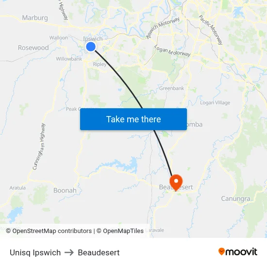 Unisq Ipswich to Beaudesert map