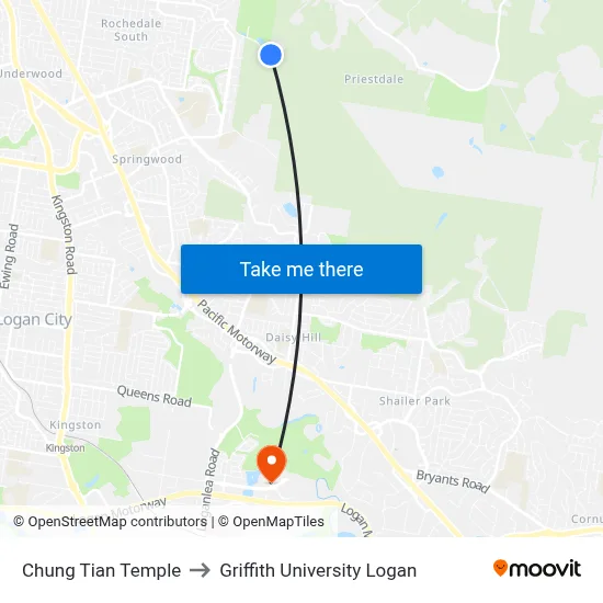 Chung Tian Temple to Griffith University Logan map