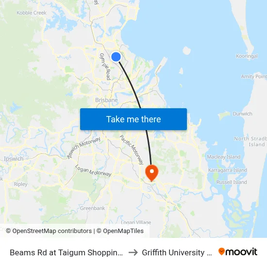Beams Rd at Taigum Shopping Centre to Griffith University Logan map