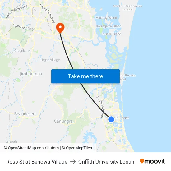 Ross St at Benowa Village to Griffith University Logan map