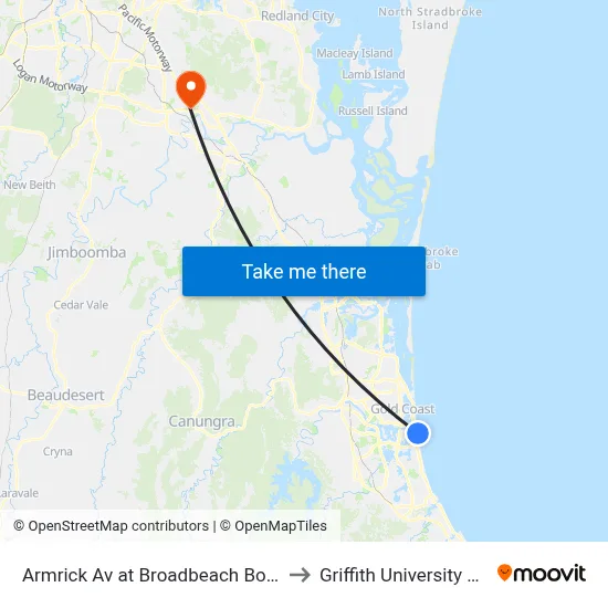Armrick Av at Broadbeach Boulevard to Griffith University Logan map