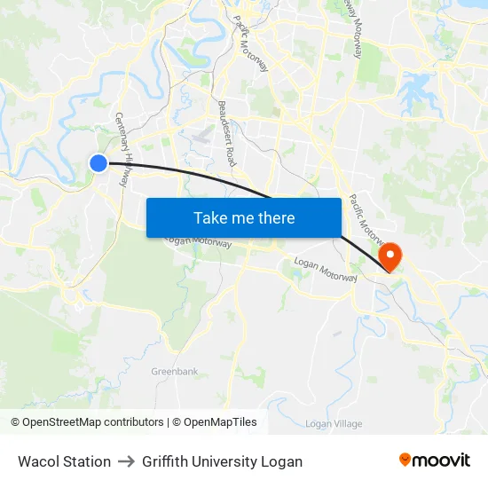 Wacol Station to Griffith University Logan map