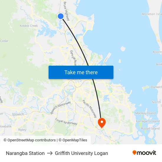 Narangba Station to Griffith University Logan map