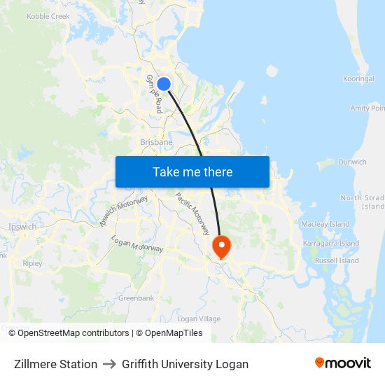 Zillmere Station to Griffith University Logan map
