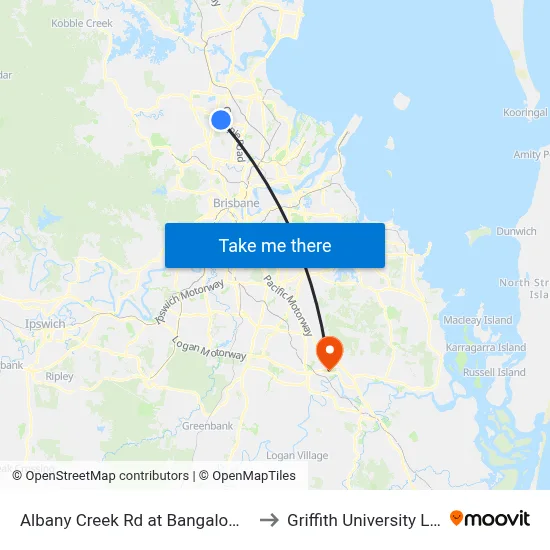 Albany Creek Rd at Bangalow Street to Griffith University Logan map