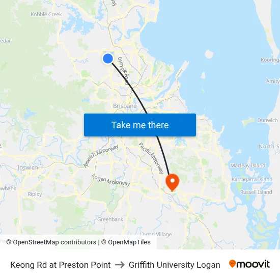 Keong Rd at Preston Point to Griffith University Logan map