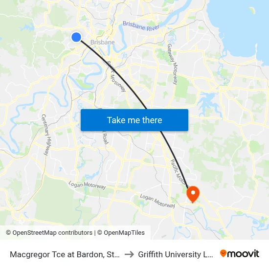 Macgregor Tce at Bardon, Stop 15 to Griffith University Logan map