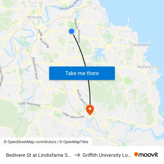 Bedivere St at Lindisfarne Street to Griffith University Logan map