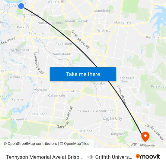 Tennyson Memorial Ave at Brisbane Golf, Stop 36 to Griffith University Logan map