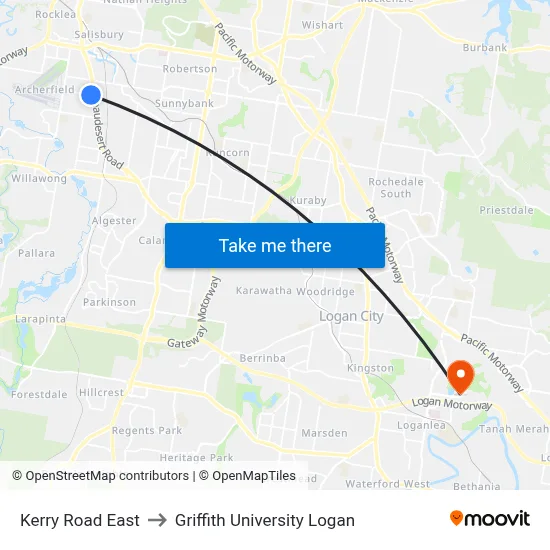 Kerry Road East to Griffith University Logan map