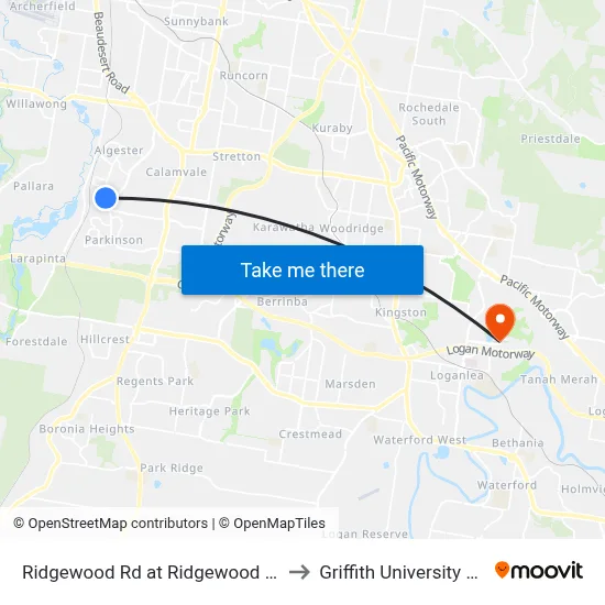 Ridgewood Rd at Ridgewood Heights to Griffith University Logan map