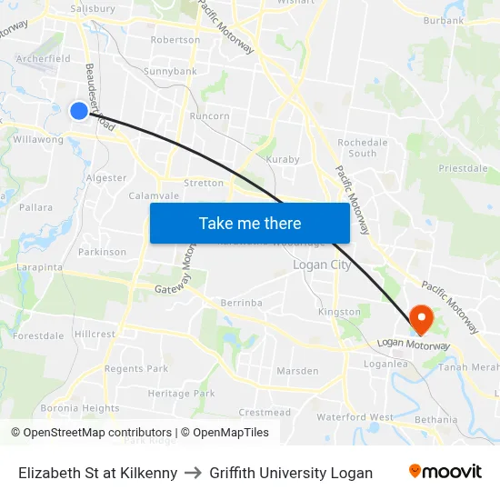 Elizabeth St at Kilkenny to Griffith University Logan map