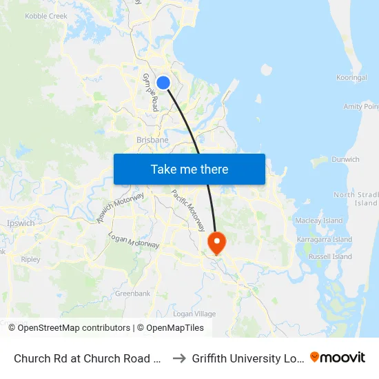 Church Rd at Church Road South to Griffith University Logan map