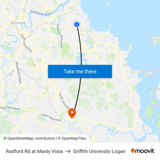 Radford Rd at Manly Vista to Griffith University Logan map