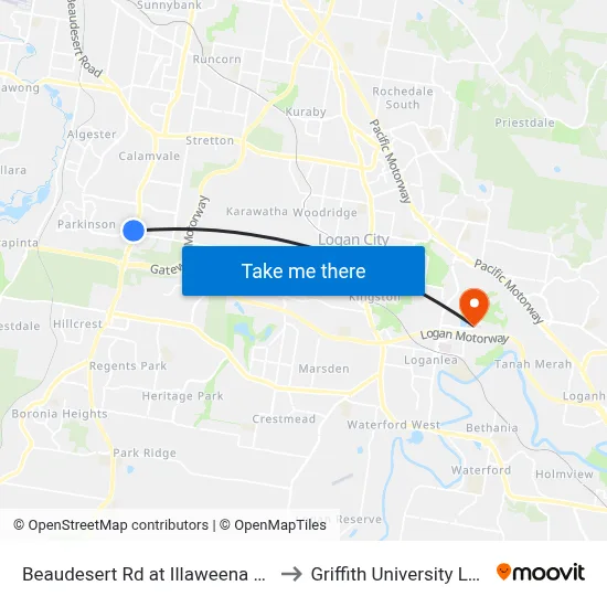 Beaudesert Rd at Illaweena Street to Griffith University Logan map
