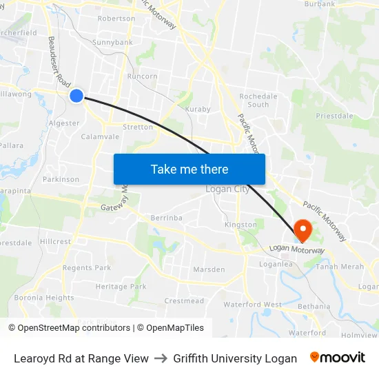 Learoyd Rd at Range View to Griffith University Logan map