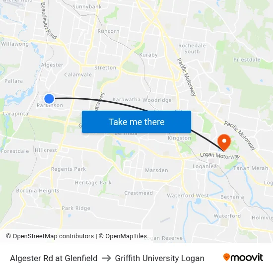 Algester Rd at Glenfield to Griffith University Logan map