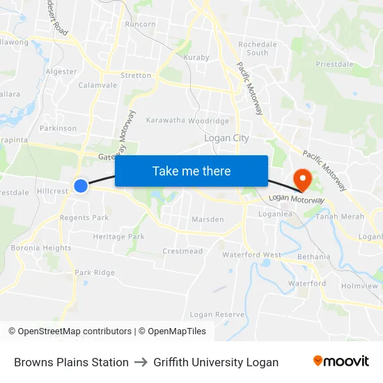 Browns Plains Station to Griffith University Logan map