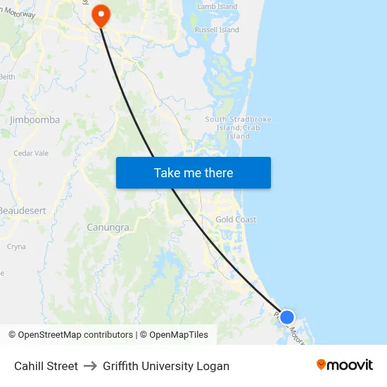 Cahill Street to Griffith University Logan map