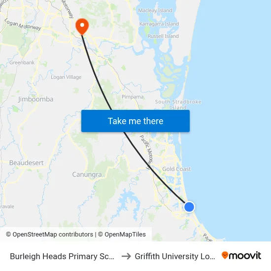 Burleigh Heads Primary School to Griffith University Logan map