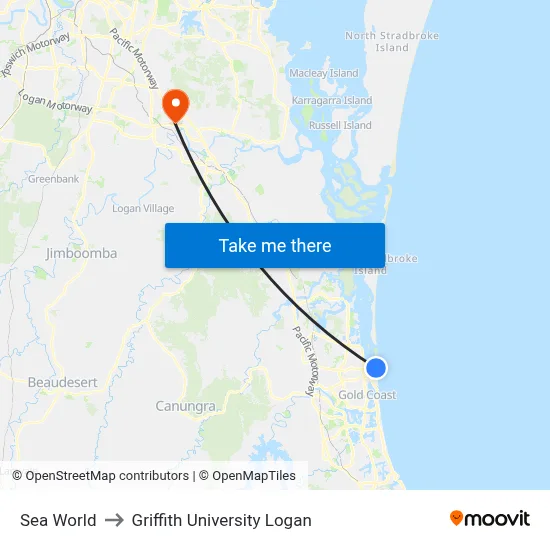 Sea World to Griffith University Logan map