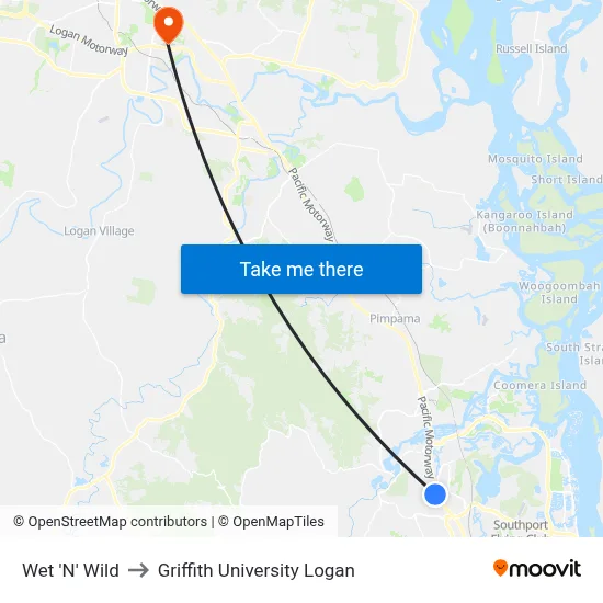 Wet 'N' Wild to Griffith University Logan map