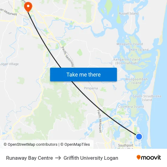 Runaway Bay Centre to Griffith University Logan map