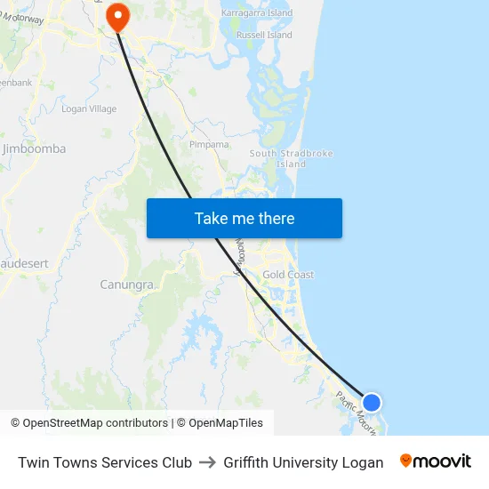 Twin Towns Services Club to Griffith University Logan map