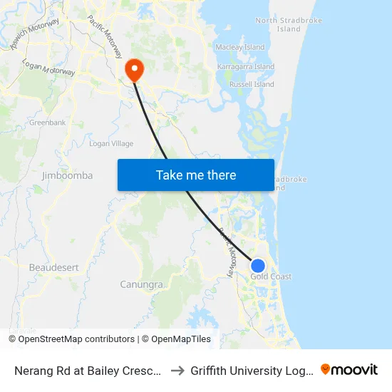 Nerang Rd at Bailey Crescent to Griffith University Logan map
