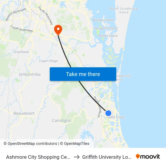 Ashmore City Shopping Centre to Griffith University Logan map