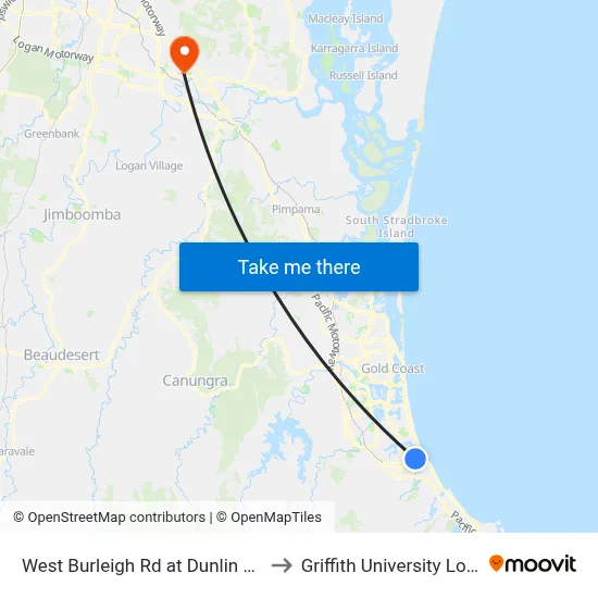 West Burleigh Rd at Dunlin Drive to Griffith University Logan map