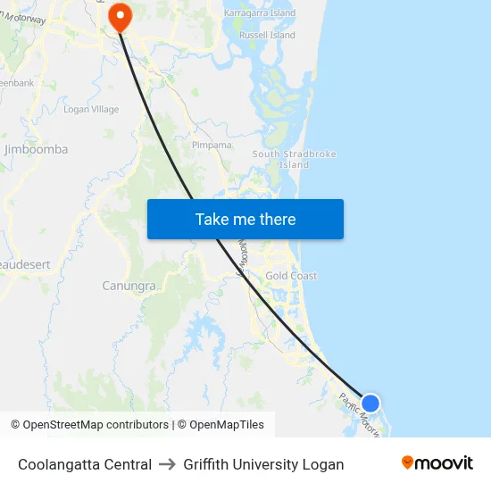 Coolangatta Central to Griffith University Logan map