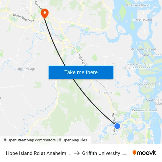 Hope Island Rd at Anaheim Drive to Griffith University Logan map