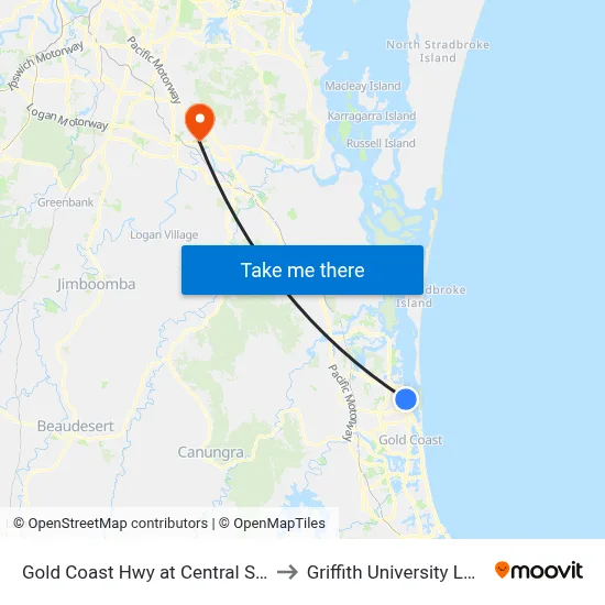 Gold Coast Hwy at Central Street to Griffith University Logan map