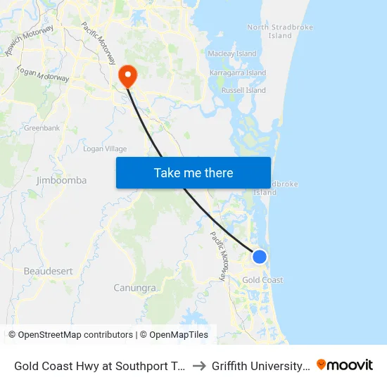 Gold Coast Hwy at Southport Tourist Park to Griffith University Logan map