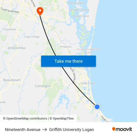 Nineteenth Avenue to Griffith University Logan map