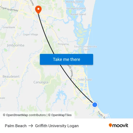 Palm Beach to Griffith University Logan map