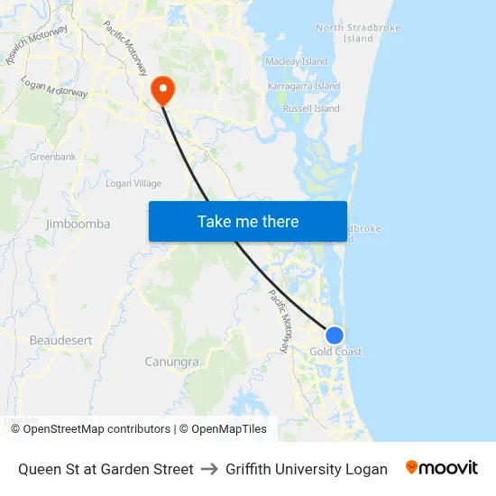 Queen St at Garden Street to Griffith University Logan map