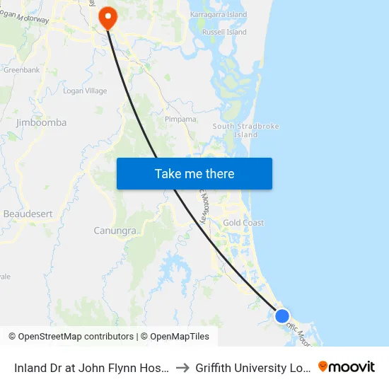 Inland Dr at John Flynn Hospital to Griffith University Logan map
