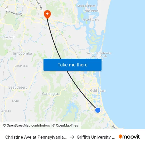Christine Ave at Pennsylvania Avenue to Griffith University Logan map